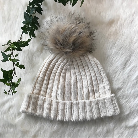 J Crew Ribbed Beanie Hat Faux Fur Pom 